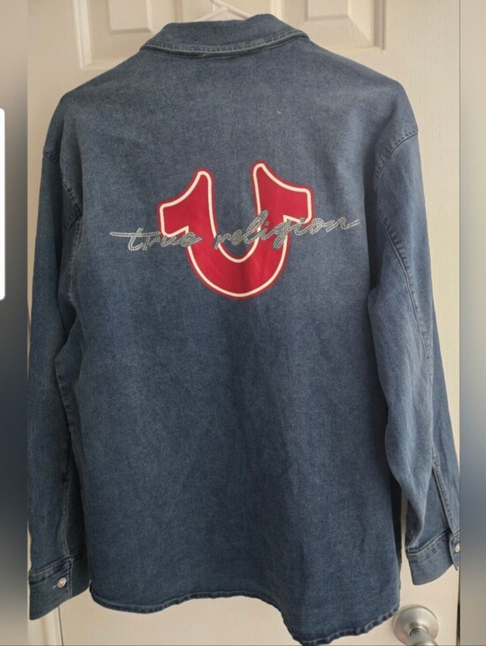 True Religion Blue Denim Shirt Oversized Crystal Logo Women's Size Medium NWT
